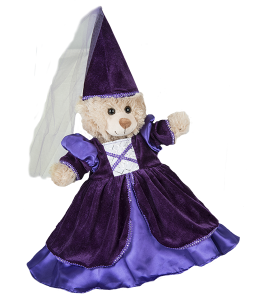 Rich Purple princess costume with a long top hat and intricate accents on a light brown bear