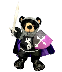 Medieval knight in black color with purple and silver accents, shield with a large cross on it and a sword worn by a cute black bear