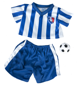 Blue and white striped soccer Shirt with matching blue shorts and a soccer ball