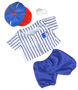 White pinstriped with blue baseball shirt with blue pants and blue baseball cap with red accents, complete with a baseball