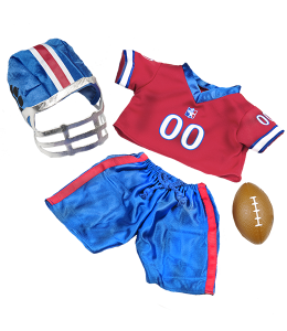 Football uniform red shirt with blue accents and 00 on front, blue shorts with red stripes, a cool helmet in blue and a brown football