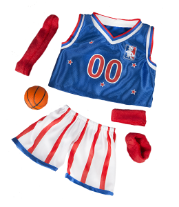 Basketball shirt in blue with red and white accents and stars, 00 number on front complete with white shorts with red stripes and a red headband and wristbands, complete with a small cute basketball