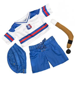 Hockey shirt in white with blue and red details, blue hockey pants and a blue helmet, complete with a hockey stick and a puck