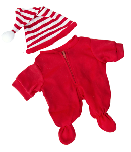 Red drop seat PJ's with zipper in front coupled with a red/white striped hat