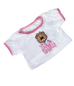 White T-Shirt with pink accents and a baby bear with pacifier graphic and text It's a girl!