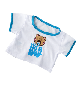White shirt with blue accents and a bear with pacifier graphic on front and It's a Boy printed