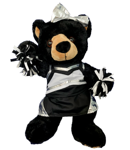 Adorable cheer outfit with matching silver and black pompoms, cheer bow, and spankies on black bear