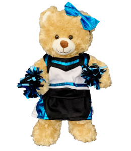 Adorable cheer outfit with matching teal and black pompoms, cheer bow, and spankies on black bear