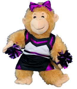 Adorable cheer outfit with matching purple and black pompoms, cheer bow, and spankies on a monkey