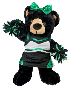 Adorable cheer outfit with matching green and black pompoms, cheer bow, and spankies on black bear
