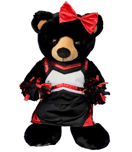 Adorable cheer outfit with matching red and black pompoms, cheer bow, and spankies on black bear