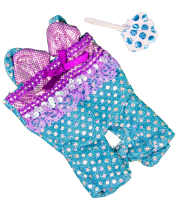 blue glittery mermaid costume with purple accents and a cute little seashell purse