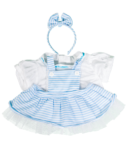 Cute light blue and white pinstripe pinafore dress with a bow headband