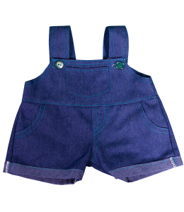 Blue denim overalls with teal green stitching detail!