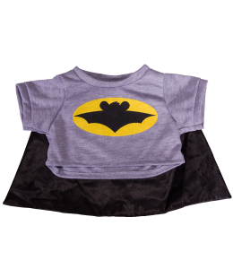 Grey T-shirt with the bat bear logo in yellow oval and a black cape