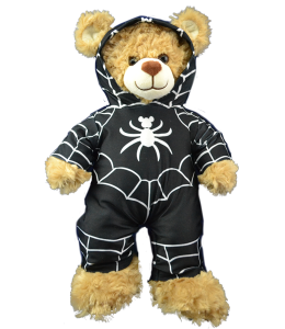 Black morph suit with white spider webbing and spider bear logo on a brown bear