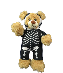 Black morph suit with white skeleton printed on it dressed on a brown bear