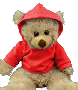 Red hoodie on a brown plush toy bear