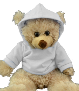 White hoodie on a brown plush toy bear