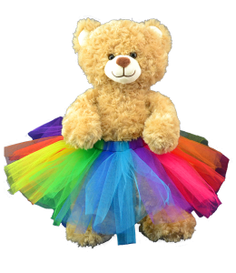 Rainbow colored tutu on a brown plush toy bear