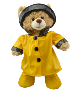 Rain Slicker in yellow with black accents with hat and boots on a cute brown plush toy bear