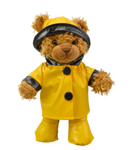 Rain Slicker in yellow with black accents with hat and boots on a cute brown plush toy bear