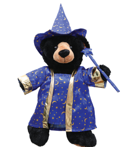 Magical blue wizard costume with golden accents and a pointy magicians hat with a wand dressed on a black plush toy bear