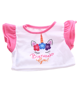 White shirt with pink sleeve and cute unicorn graphic with Birthday Girl text printed on the front