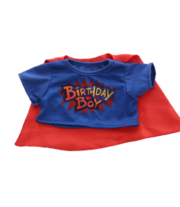 Blue Shirt with a Birthday Boy print on it and a red cape