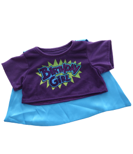 Dark purple shirt with Birthday Girl print on front and Teal cape