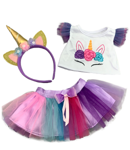 cute multicolor skirt, shirt with unicorn print and a headband with a unicorn horn and ears