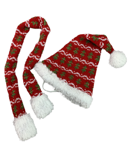 Warm knit red hat with green christmas tree print and white fur accents, white pom at the tip, complete with the same style scarf