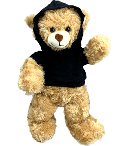 Black hoodie on a brown plush toy bear