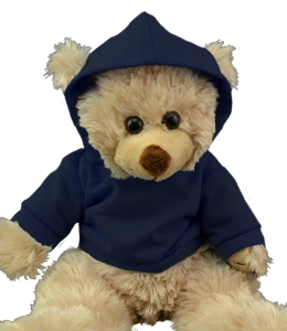 Blue hoodie on a brown plush toy bear