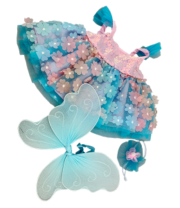 cute blue and pink dress all covered with flowers, with semi-transparent wings and a small cute pouch