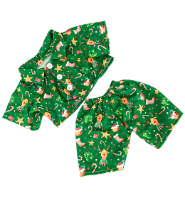 Green pajamas with christmas themed pictures printed