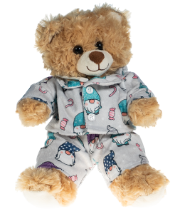 Cute fluffy teddy bear dressed in grey Pj's with gnome prints