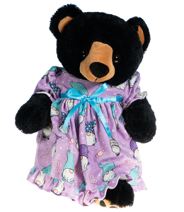 black bear dressed in adorable light purple nightgown with gnome prints