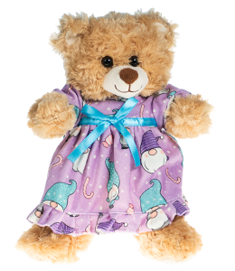 cute cream colored bear in a light purple nightgown illustrated with gnomes