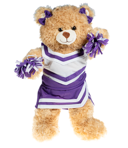 Light cream colored bear in a purple and white cheerleading uniform with poms in paws and bowties on the ears