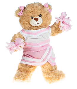 Light cream colored bear in a light pink and white cheerleading uniform with poms in paws and bowties on the ears
