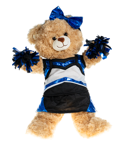 Light cream colored bear in a metallic royal blue and black cheerleading uniform with poms in paws and bowties on the ears