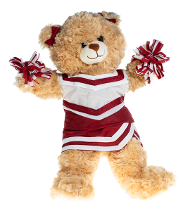 Light cream colored bear in a maroon and black cheerleading uniform with poms in paws and bowties on the ears