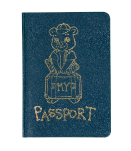 blue passport with a bear and passport stamped in golden foil on front