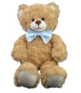 Light brown bear wearing a posh light blue bow tie with white polka dots