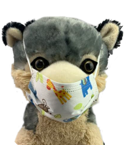 A cute white face mask with animals on a timberwolf plush toy