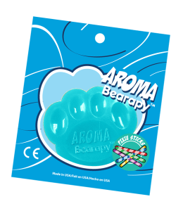 Scented aroma insert in the shape of a bear paw in light blue color in packaging