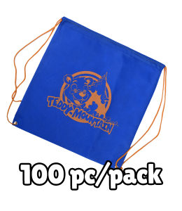 Blue drawstring bag with orange strings and orange teddy mountain logo