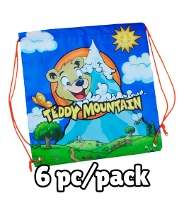 Drawstring backpack with orange drawstrings and teddy mountain logo printed on front