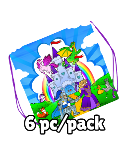 Vibrant Backpack with castle and fantasy drawing of knight, princess, dragon and a pegasus